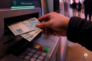 Mão retirando notas de 100 reais de um caixa eletrônico.